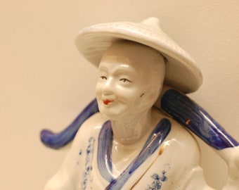 Vintage Asian Ceramic Figurine Statue Blue White Asian Man Sculpture Art Oriental Decor /French Studio Vintage