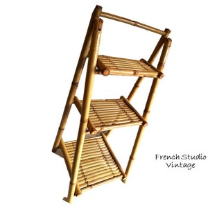 Vintage Bamboo Ladder Cane Folding Storage Shelf Plant Stand 3 Tier Hand Made Natural Furniture Home Decor Display/French Studio Vintage