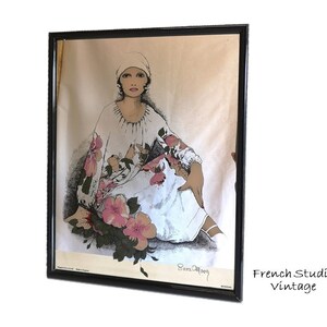 Vintage French Wall Mirror Painted lady Image Large 19&quot; Mirror Signed Sara Moon Wall Hanging Art Decor / French Studio Vintage