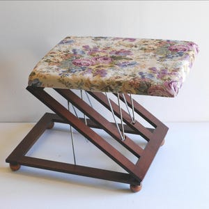 Vintage French Folding Footstool Ottoman: Floral Cushioned Seat