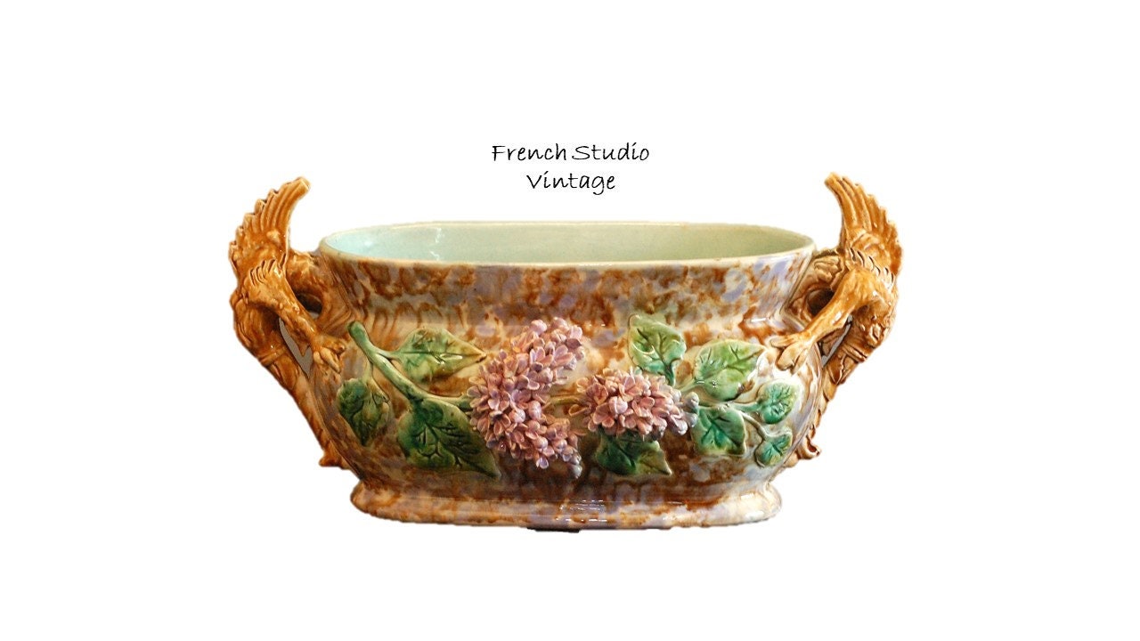 Vintage Français Cache Pot Majolica Planter Ceramic Relief Floral Mythical Creature Handle Art Nouve