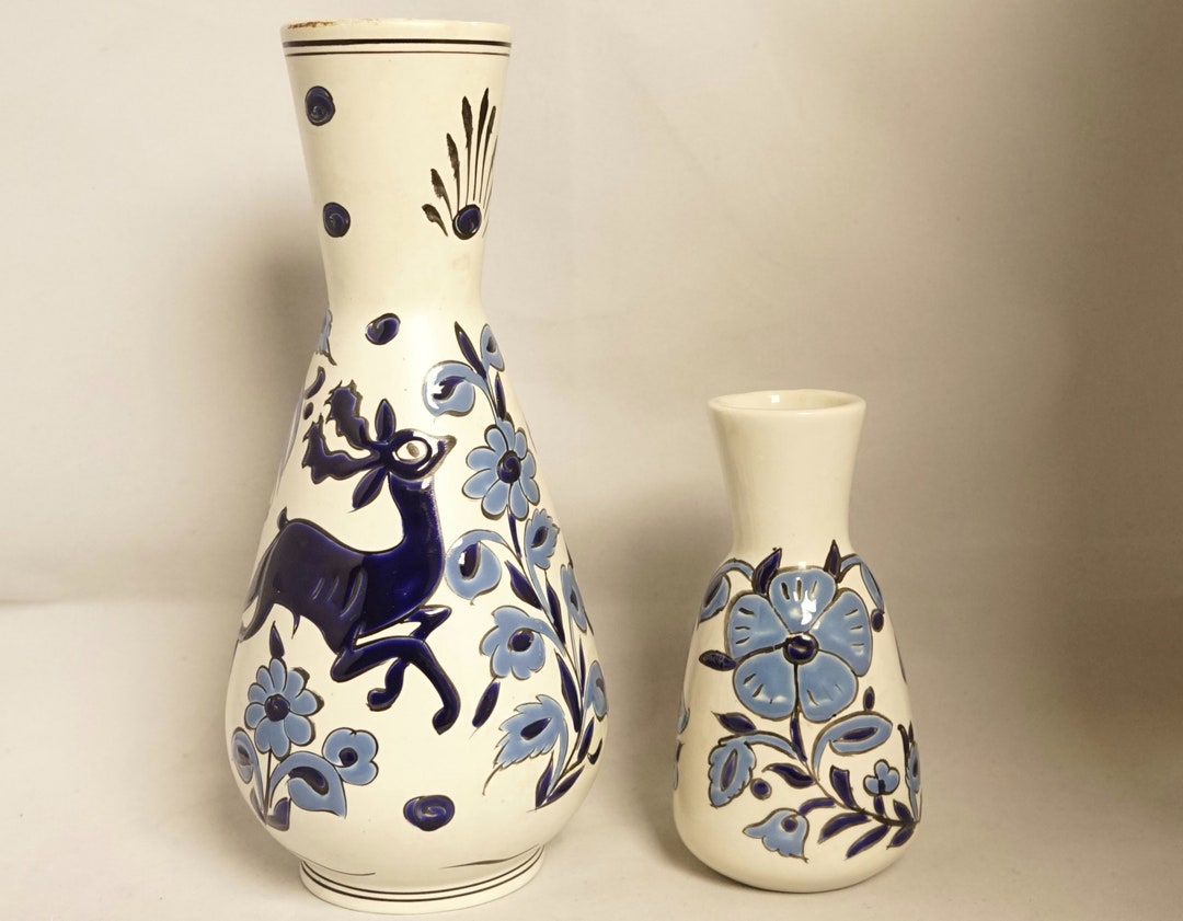 Vintage Ceramic Vase Hand Painted Blue White Deer and Flower Signed by ...