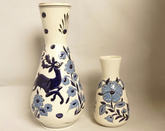 Vintage Ceramic Vase Hand Painted Blue White Deer and Flower Signed By Artist Set of 2 Home Decor / French Studio Vintage