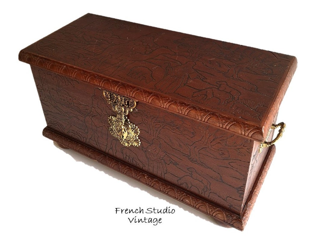 Vintage French Large Wood Chest Side Table Carved Wood Storage Box