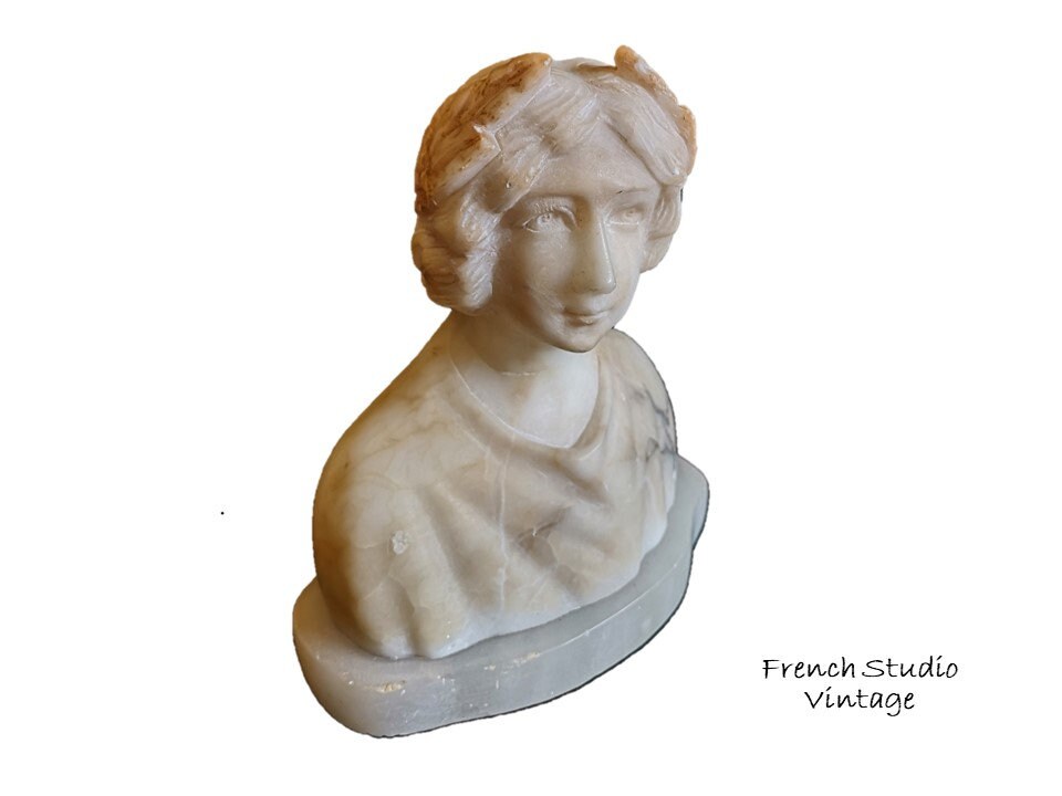 Vintage Buste Marbre Sculpture Lady Statue Base Art Décor Affichage Cadeau/Français Studio Vintage