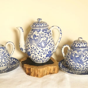Vintage Japan Porcelain Tea Set Blue White Tea Serving Tea Pot Milk Jug Sugar Bow Set of 5  French Studio Vintage