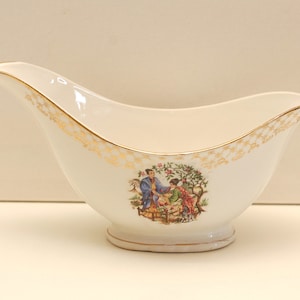Tigela vintage de porcelana francesa para molhos, marca Moulin des Loups, com cenas japonesas, decoração asiática/Estúdio francês vintage