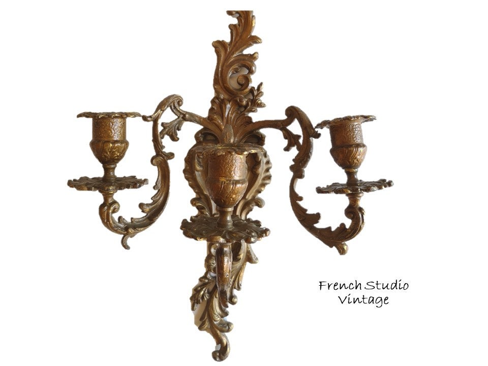 Vintage Français Paire Applique Murale Bougie Appliques Laiton Doré 3 Bras Orné Rococo Style Candéla
