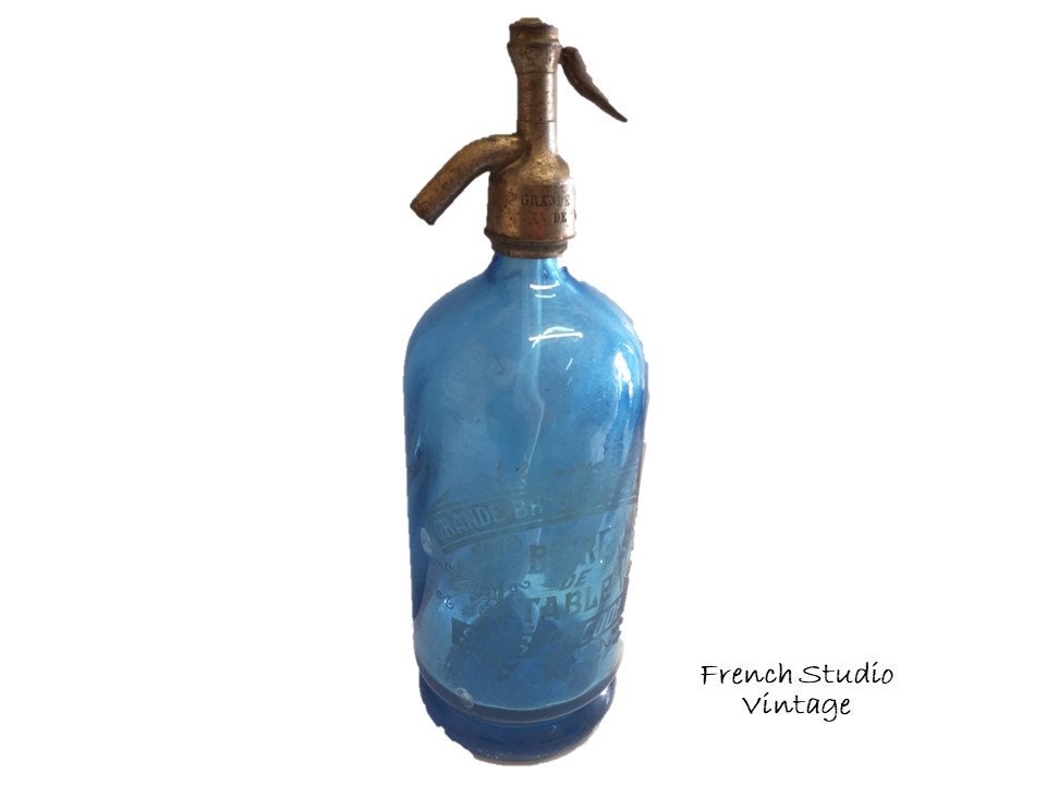 Antique Français Soda Bouteille Bleu Verre Siphon Paris Brasserie Bistro Barware Décor Affichage/stu