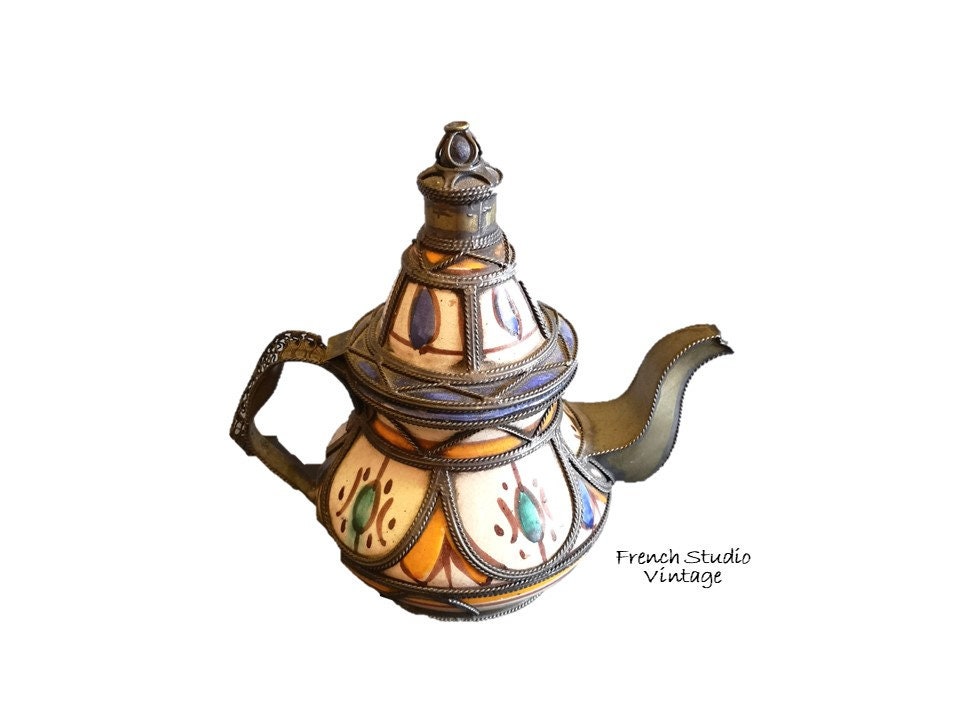 Théière Marocaine Vintage Faïence Pot Métal Filigrane Décoratif Home Decor Cadeau/Français Studio Vi