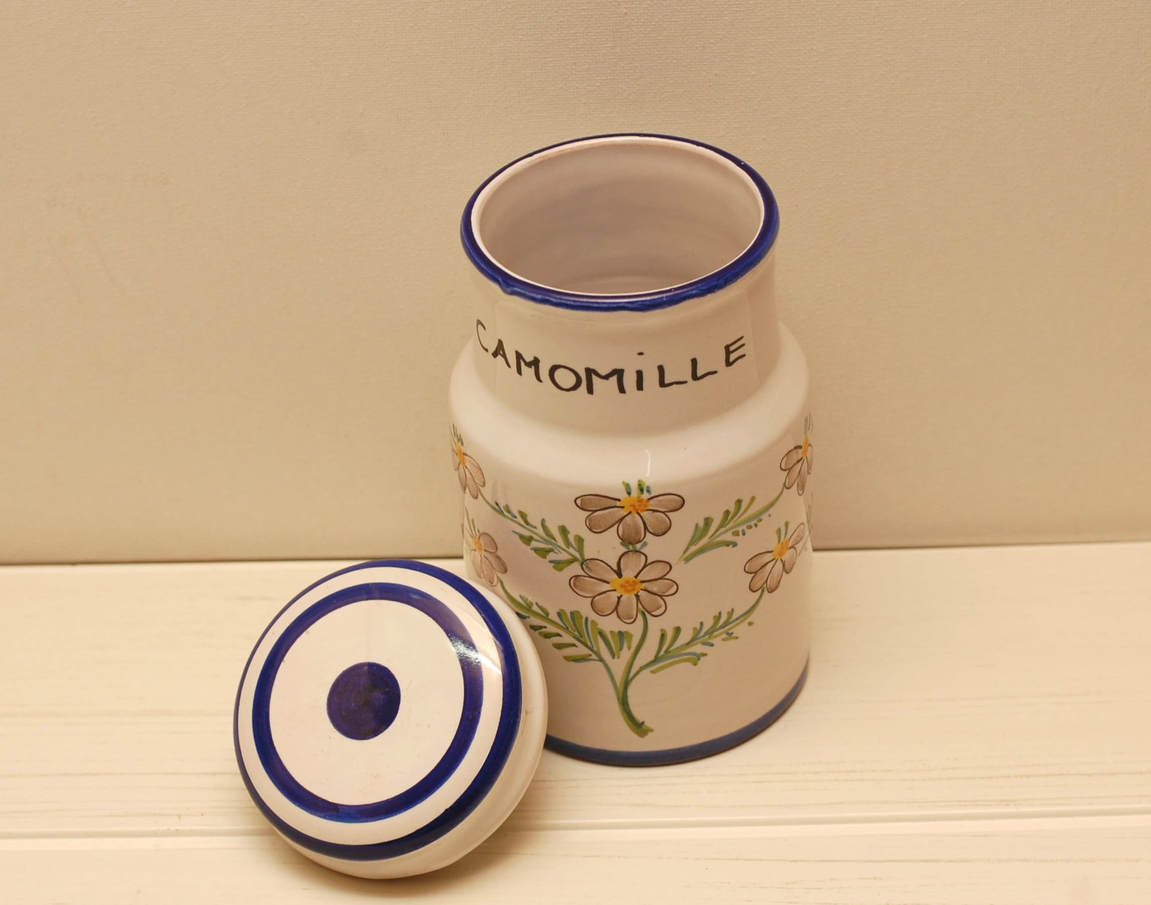 Vintage Poterie Céramique Pot de Stockage Conteneur Fabriqué en Italie Fleurs Peintes à La Main/Fran