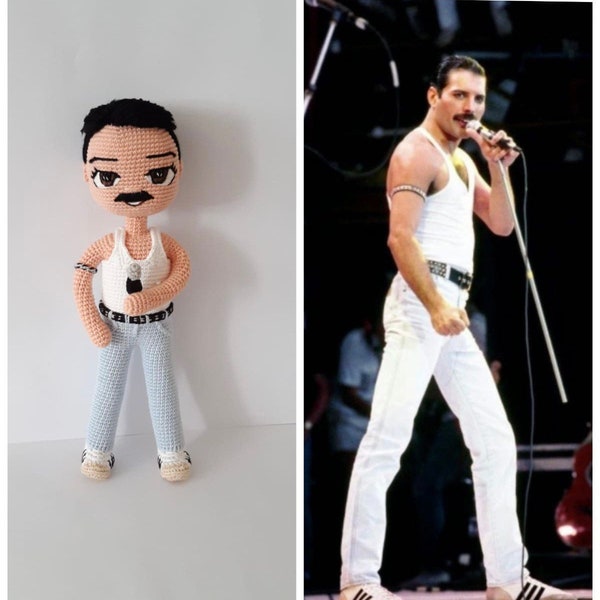 Personalized doll, Freddie Mercury Doll, Celebrity Art Doll, Freddie Mercury Miniature,  Celebrity Portrait Doll, Custom Crochet Doll
