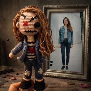 Puede incluir: Muñeca vudú de ganchillo con cabello de hilo marrón, un ojo de botón negro y una cruz roja cosida en la cara. La muñeca lleva una chaqueta azul, una camisa a rayas y vaqueros con parches. Se insertan alfileres negros.