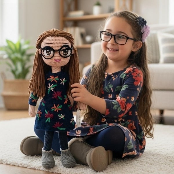 Peut inclure: Une poupée en crochet faite à la main avec des cheveux en laine brune, des lunettes à monture noire et une robe bleu marine à motif floral coloré. La poupée porte des leggings bleu foncé et des chaussures en crochet grises, assorties à la tenue.