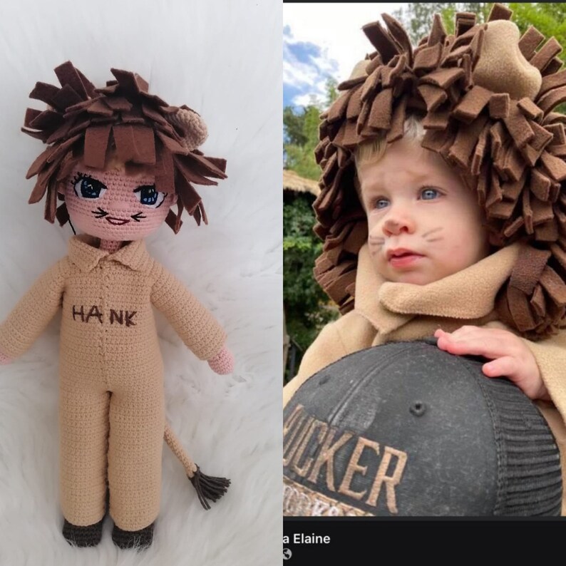 May include: A crocheted lion doll wearing a tan jumpsuit with the name "HANK" embroidered on the front. The doll is standing on a white surface. A child wearing a brown lion costume is holding a black baseball cap with the word "OCKER" embroidered on it.