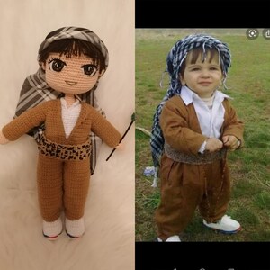 May include: A crocheted doll wearing a brown outfit with a leopard print belt and a checkered scarf. The doll has brown hair and brown eyes. The doll is standing next to a photo of a young boy wearing a similar outfit.