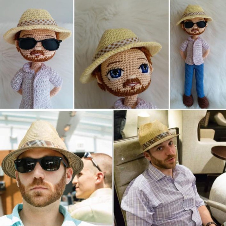 May include: A crocheted doll wearing a straw hat with a brown band, a light purple shirt, blue jeans, and sunglasses. The doll has a brown beard and brown hair.