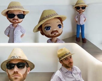 May include: Three crocheted dolls wearing straw hats and sunglasses. The dolls are wearing casual clothing. One doll is sitting on a white couch.