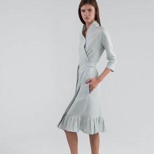 Pure Linen Wrap Dress. Ligth Grey Knee Length Linen Dress. Gusset cut dress. image 1