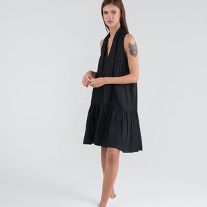 Pure Linen Black Short Dress. Sleeveless Summer Linen Dress. image 1