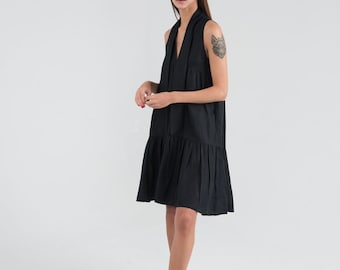 Pure Linen Black Short Dress. Sleeveless Summer Linen Dress.