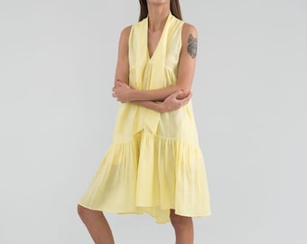 Pure Linen Tiered Yellow Knee Length Summer Dress.