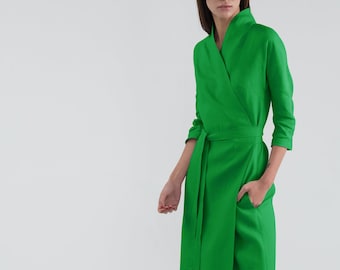 Pure Linen Green Wrap Dress. Long Summer Dress With Sleeves. Summer Linen Outfit. Gusset cut dress.