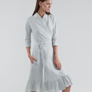 Pure Linen Wrap Dress. Ligth Grey Knee Length Linen Dress. Gusset cut dress. image 2