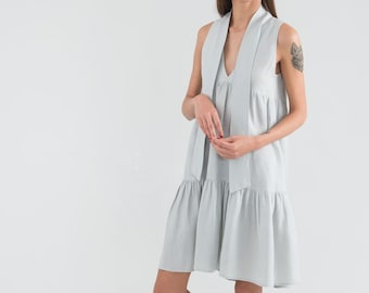 Pure Linen Dress. Linen Tiered Grey Short Dress. Knee Length Dress.