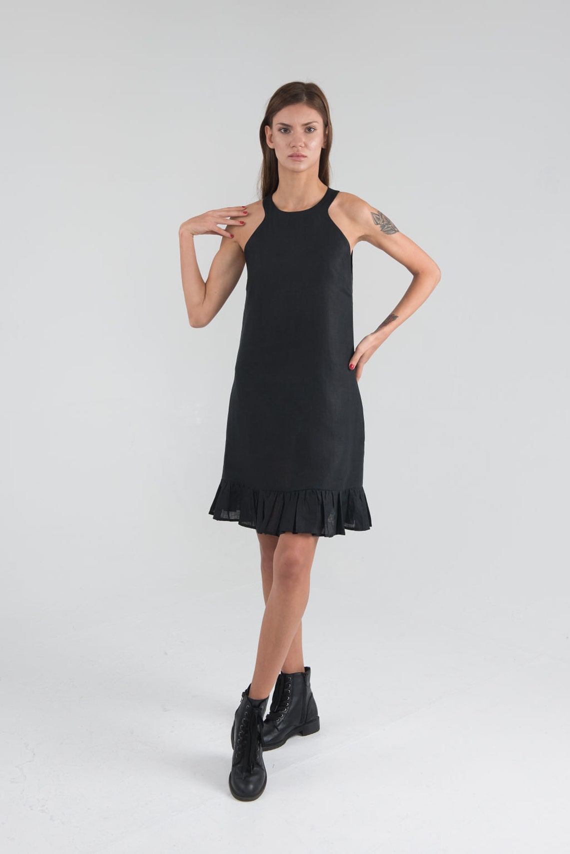 Pure Linen Short Black Dress. Halter Neck Dress. | Etsy