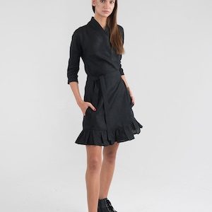 Pure Linen Black Wrap Dress. Long Sleeves Ruffed Hem Summer Dress. Gusset cut dress.