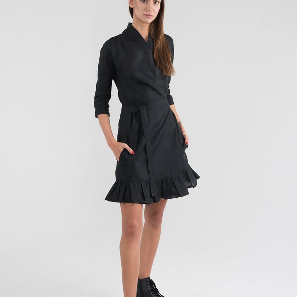 Pure Linen Black Wrap Dress. Long Sleeves Ruffed Hem Summer Dress. Gusset cut dress.