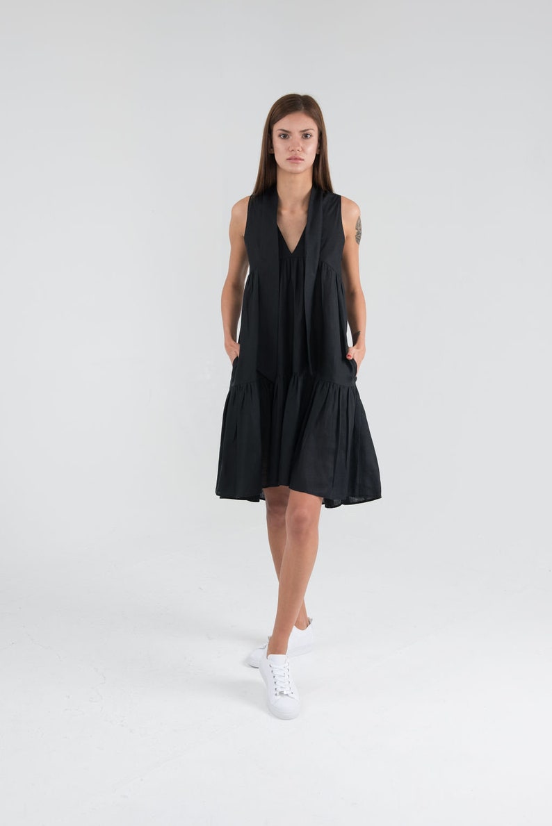 Pure Linen Black Short Dress. Sleeveless Summer Linen Dress. image 2