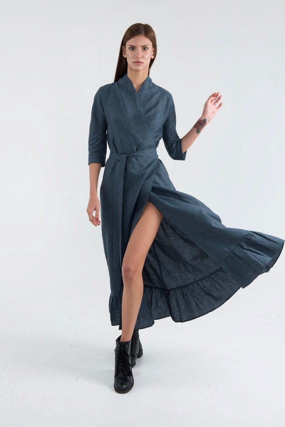 Pure Linen Wrap Dress. Blue Striped Long Summer Dress. Etsy