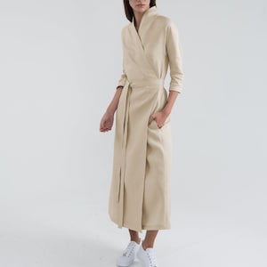 Beige Pure Linen Wrap Dress. Long Summer Dress. Gusset cut dress.