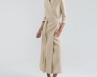 Beige Pure Linen Wrap Dress. Long Summer Dress. Gusset cut dress.