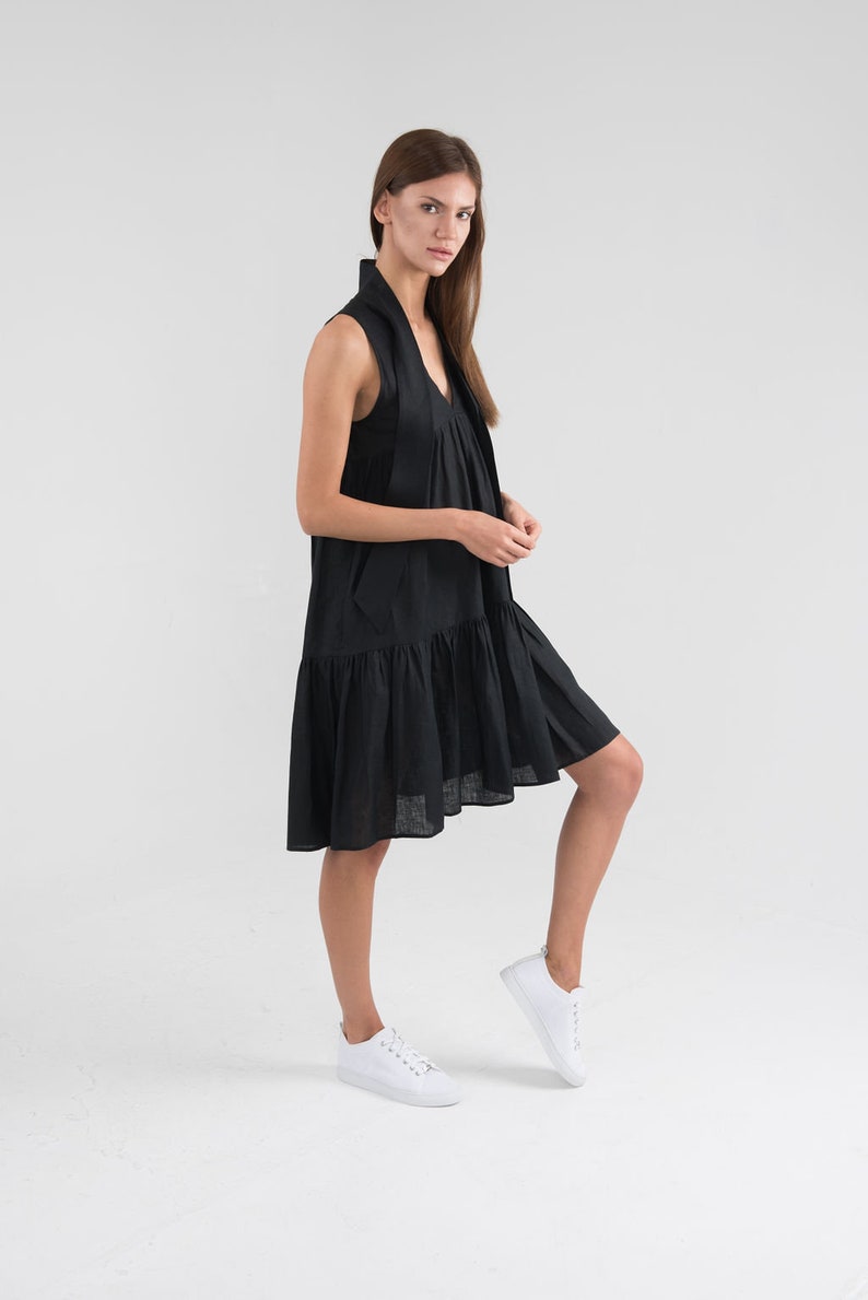 Pure Linen Black Short Dress. Sleeveless Summer Linen Dress. image 6