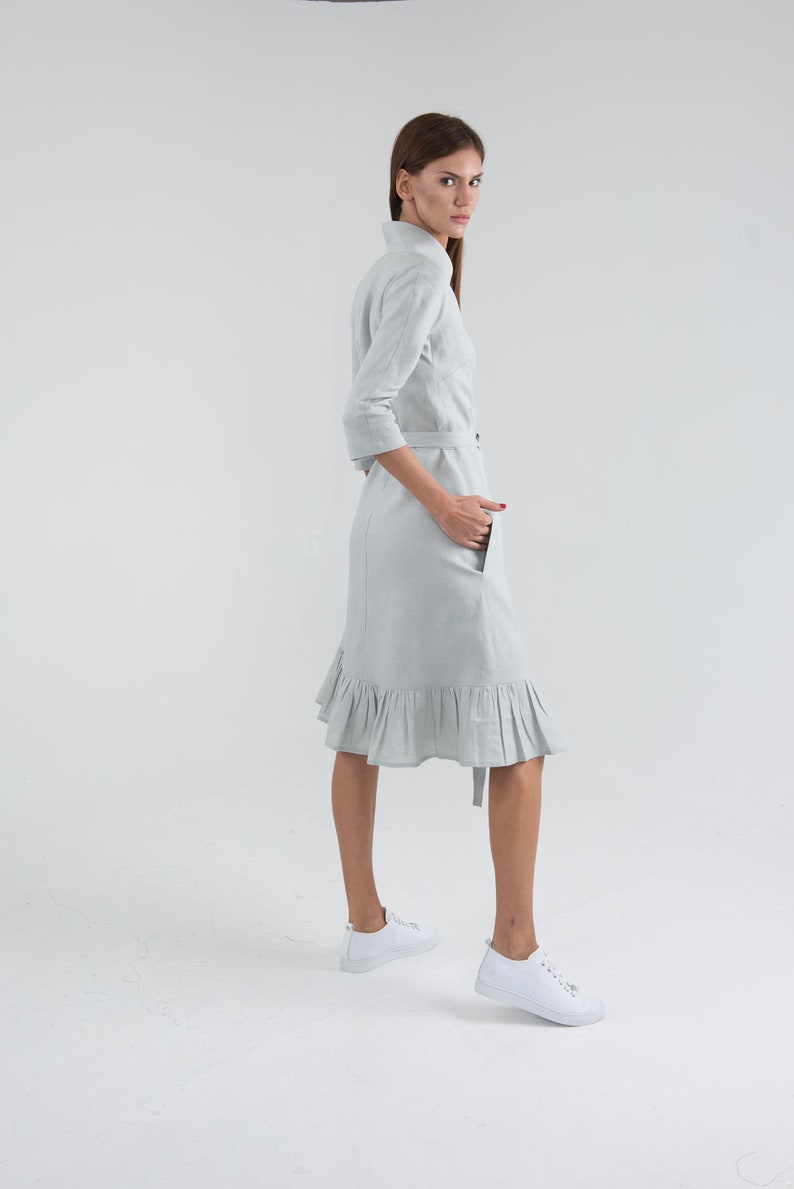 Pure Linen Wrap Dress. Ligth Grey Knee Length Linen Dress. Gusset cut dress. image 3