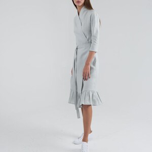 Pure Linen Wrap Dress. Ligth Grey Knee Length Linen Dress. Gusset cut dress. image 5