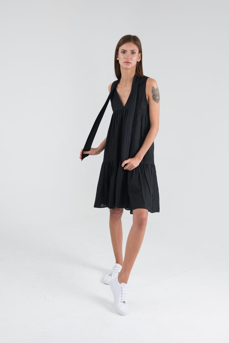 Pure Linen Black Short Dress. Sleeveless Summer Linen Dress. image 4