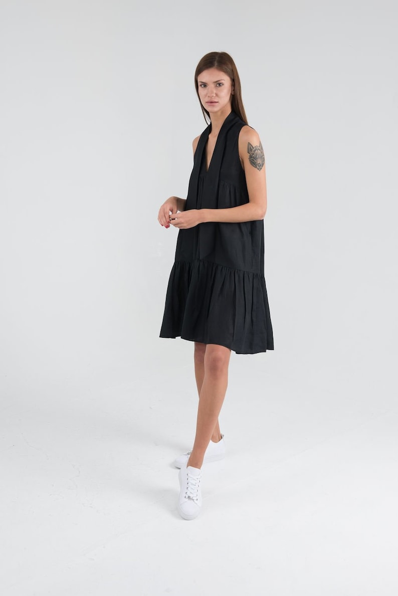 Pure Linen Black Short Dress. Sleeveless Summer Linen Dress. image 1