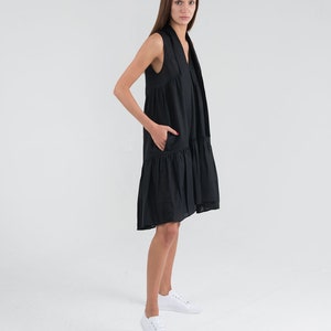 Pure Linen Black Short Dress. Sleeveless Summer Linen Dress. image 3