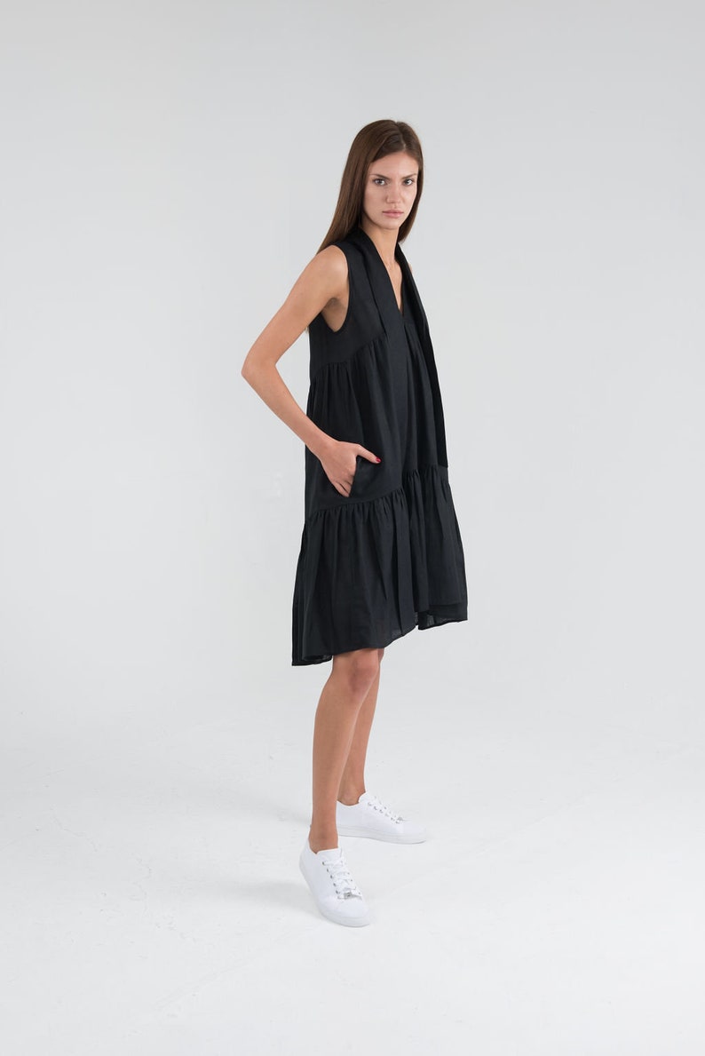 Pure Linen Black Short Dress. Sleeveless Summer Linen Dress. image 3