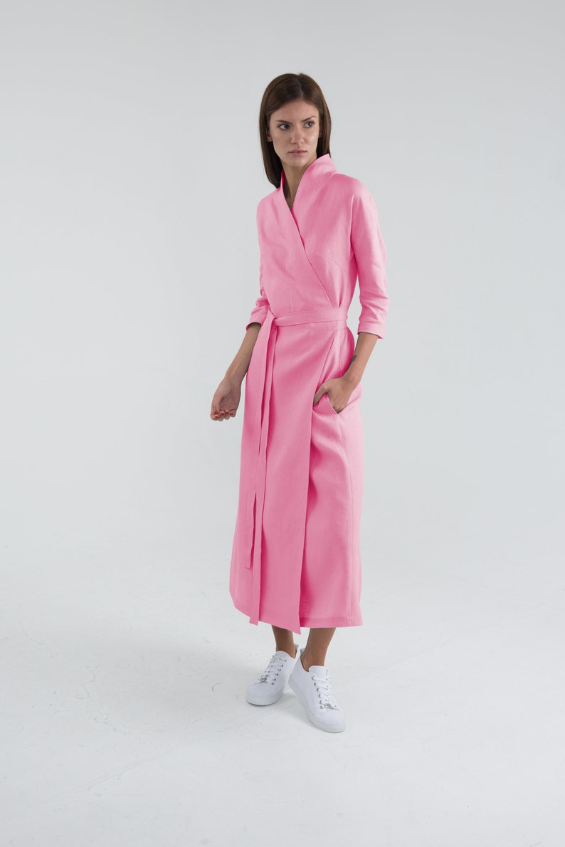 long sleeve linen wrap dress