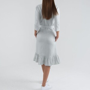 Pure Linen Wrap Dress. Ligth Grey Knee Length Linen Dress. Gusset cut dress. image 4