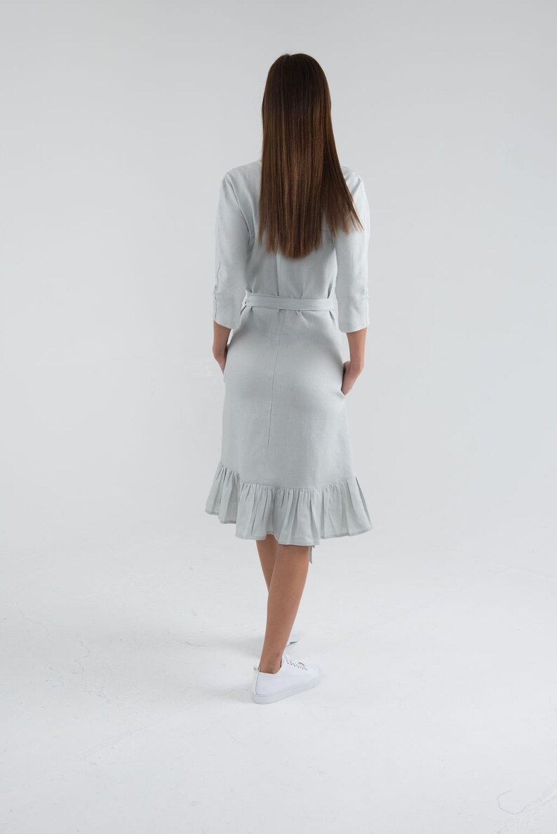 Pure Linen Wrap Dress. Ligth Grey Knee Length Linen Dress. Gusset cut dress. image 4