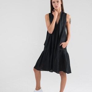 Pure Linen Black Short Dress. Sleeveless Summer Linen Dress. image 5