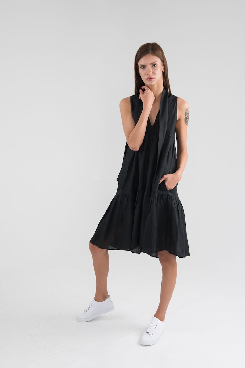 Pure Linen Black Short Dress. Sleeveless Summer Linen Dress. image 5