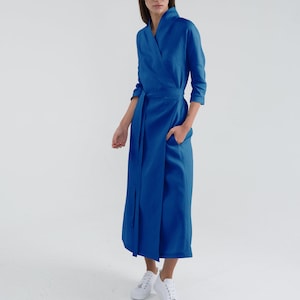Bright Blue Washed Linen Wrap Dress. Long Summer Dress With Sleeves. Summer Linen Outfit. Gusset cut dress.