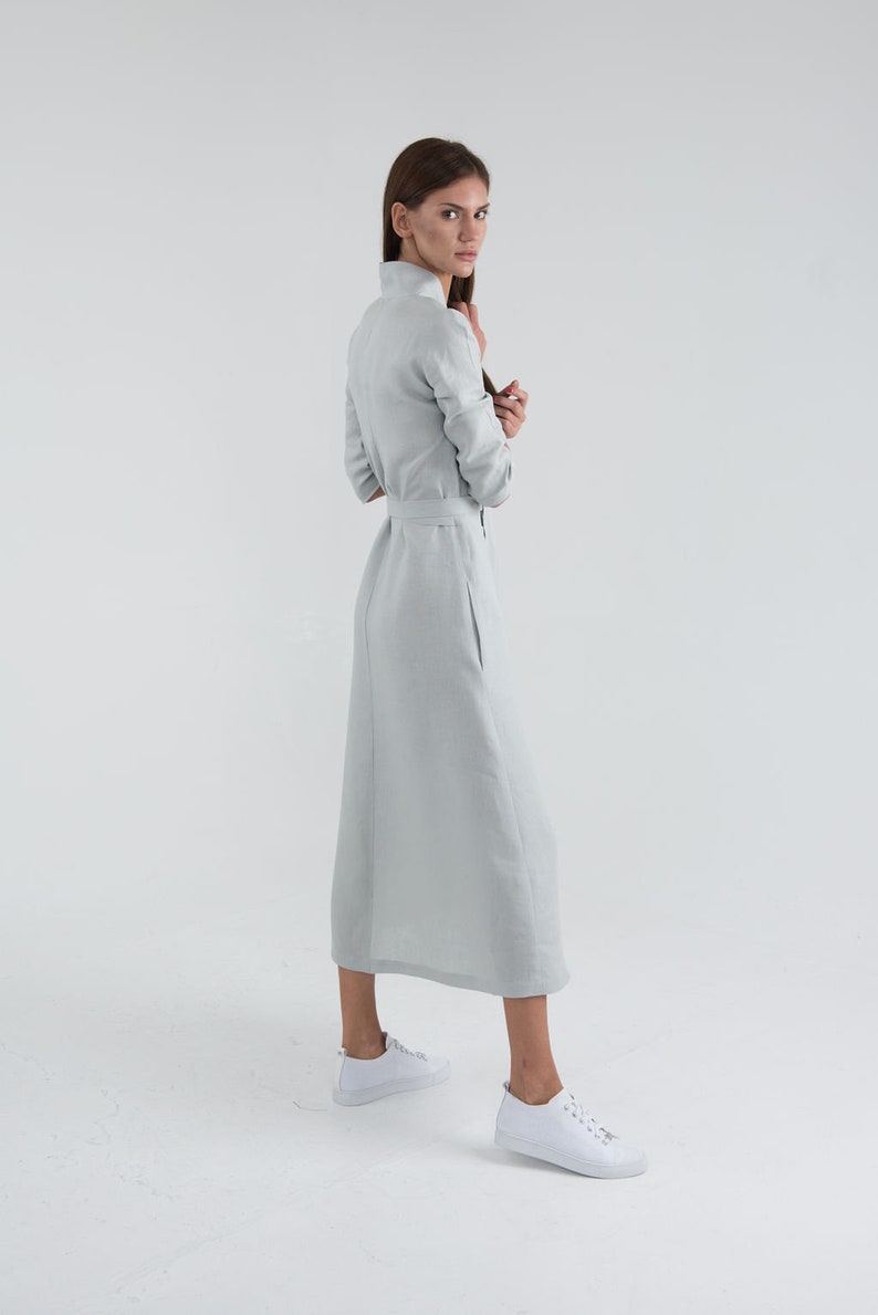 Gusset cut dress. Bright Blue Washed Linen Wrap Dress Summer Linen Outfit Long Summer Dress With Sleeves